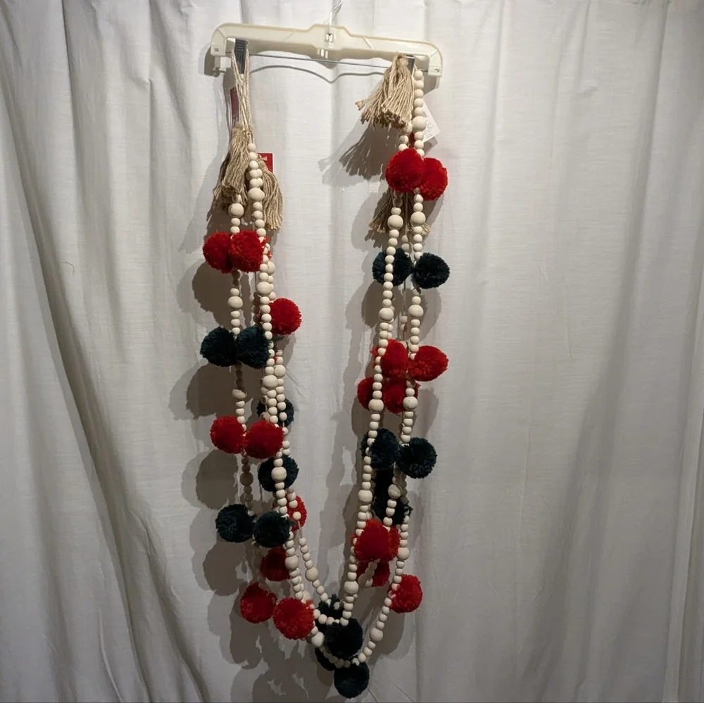 Garland With Wooden Beads And Red&Green Pompoms